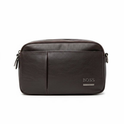 👜 Hugo Boss Men’s Leather Toiletry & Crossbody Pouch – Dark Brown Elegance