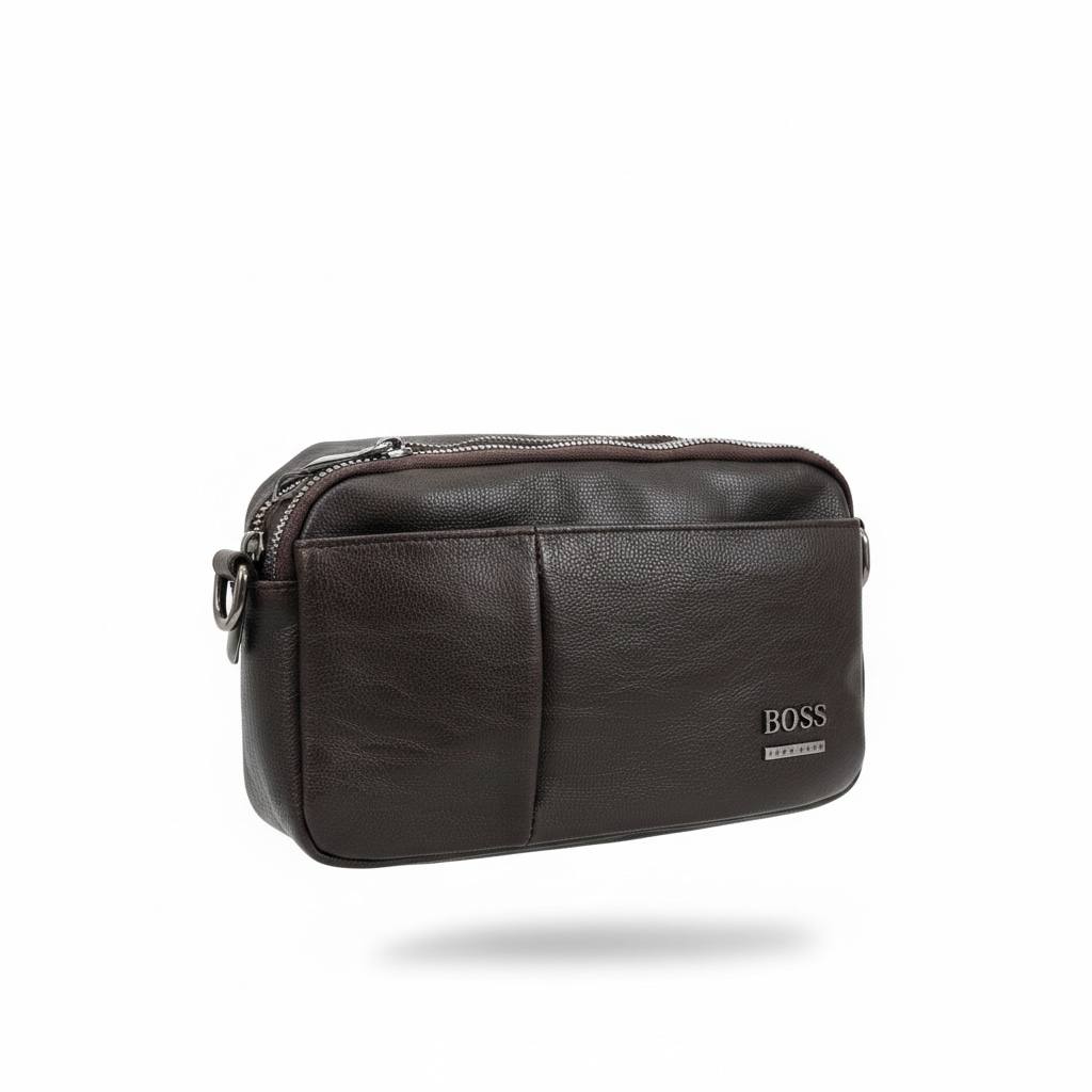 👜 Hugo Boss Men’s Leather Toiletry & Crossbody Pouch – Dark Brown Elegance