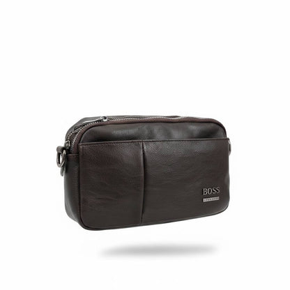 👜 Hugo Boss Men’s Leather Toiletry & Crossbody Pouch – Dark Brown Elegance