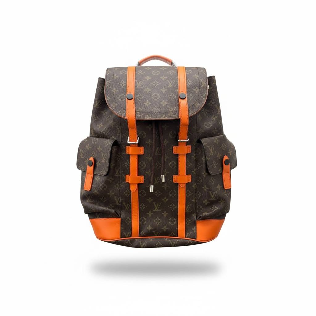 🎒 Louis Vuitton Monogram Backpack – Brown Canvas with Orange Leather Accents