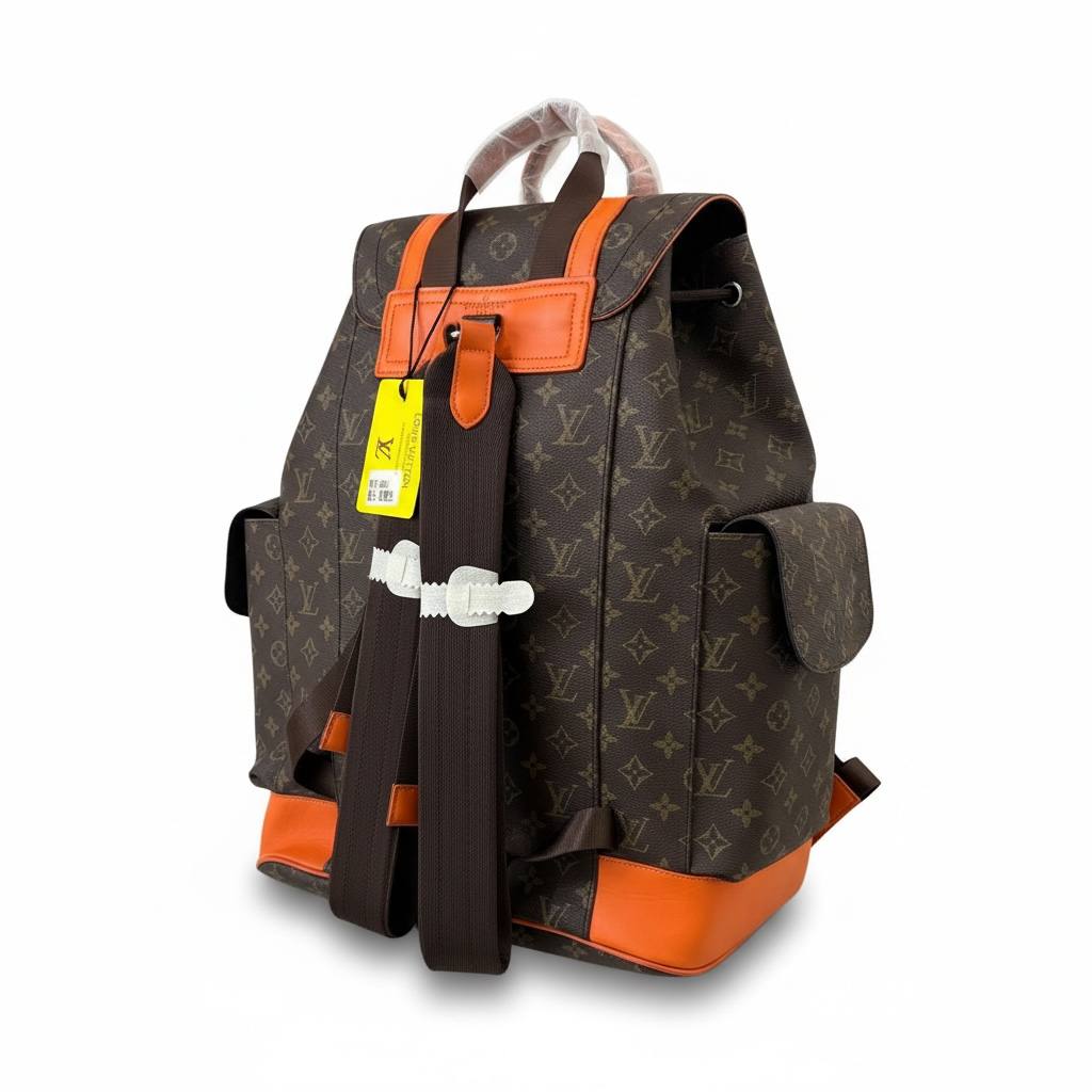 🎒 Louis Vuitton Monogram Backpack – Brown Canvas with Orange Leather Accents
