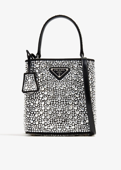 Prada black bucket bag covered in crystals with top handle and shoulder strap