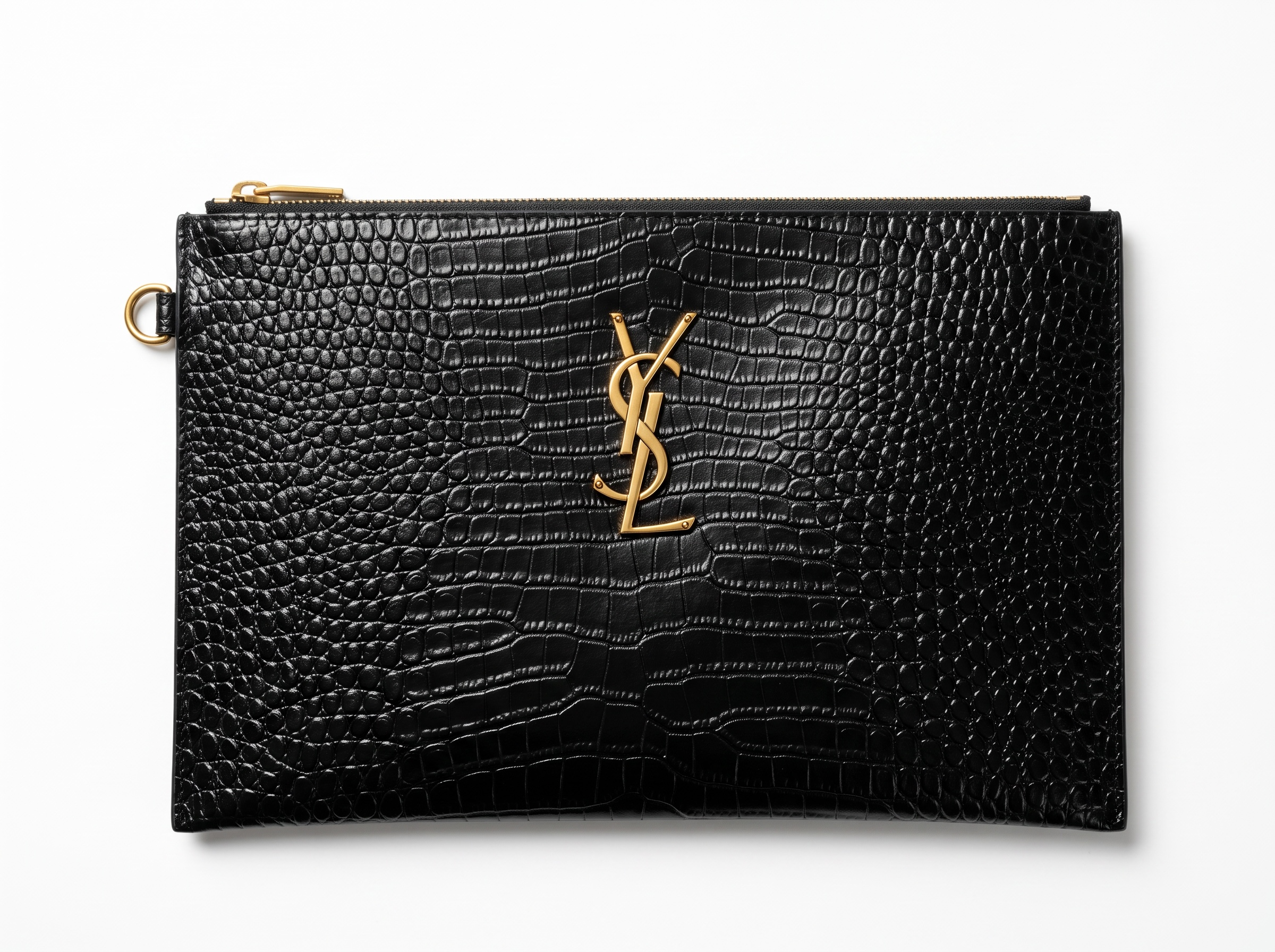 ✨ Saint Laurent Croc-Embossed Leather Clutch – Black