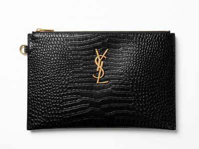 ✨ Saint Laurent Croc-Embossed Leather Clutch – Black