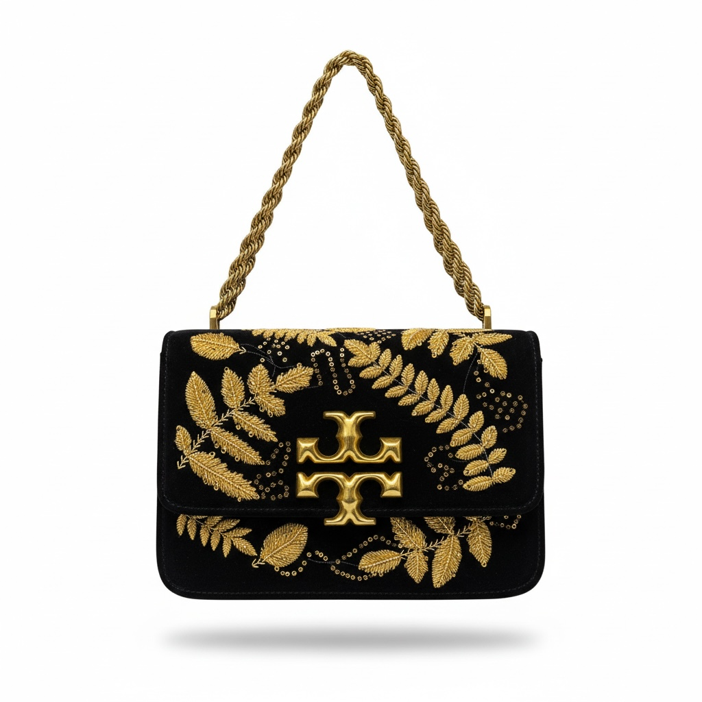 Tory Burch Embroidered Velvet Shoulder Bag – Black & Gold Luxe ✨🖤