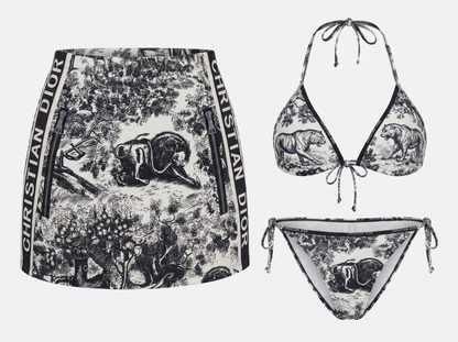 Dior Toile de Jouy Bikini Set with Matching Pareo Skirt – Black & White 🖤🤍🏖️