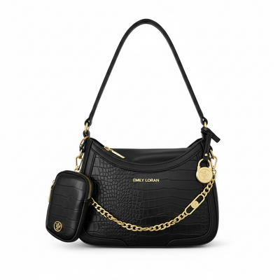 EMILY LORAN Croc Shoulder Bag 🖤✨ | Gold Chain Luxury Statement