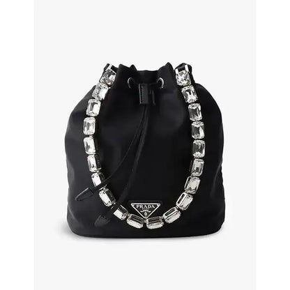 PRADA Crystal Handle Bucket Bag – Black Luxury Edition 🖤💎