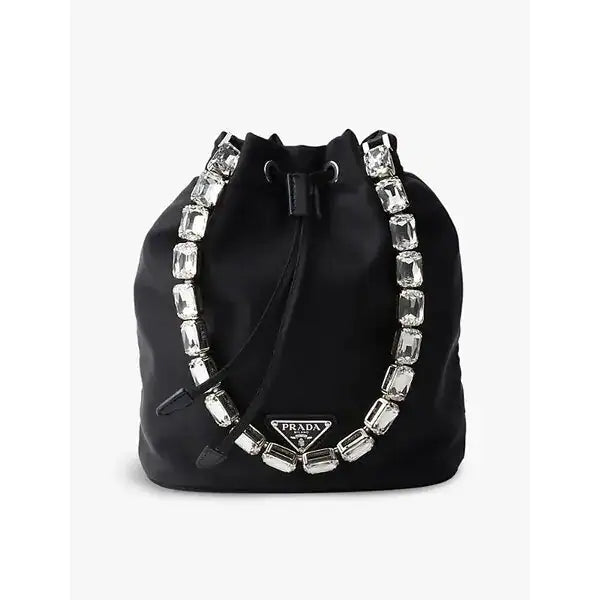 PRADA Crystal Handle Bucket Bag – Black Luxury Edition 🖤💎