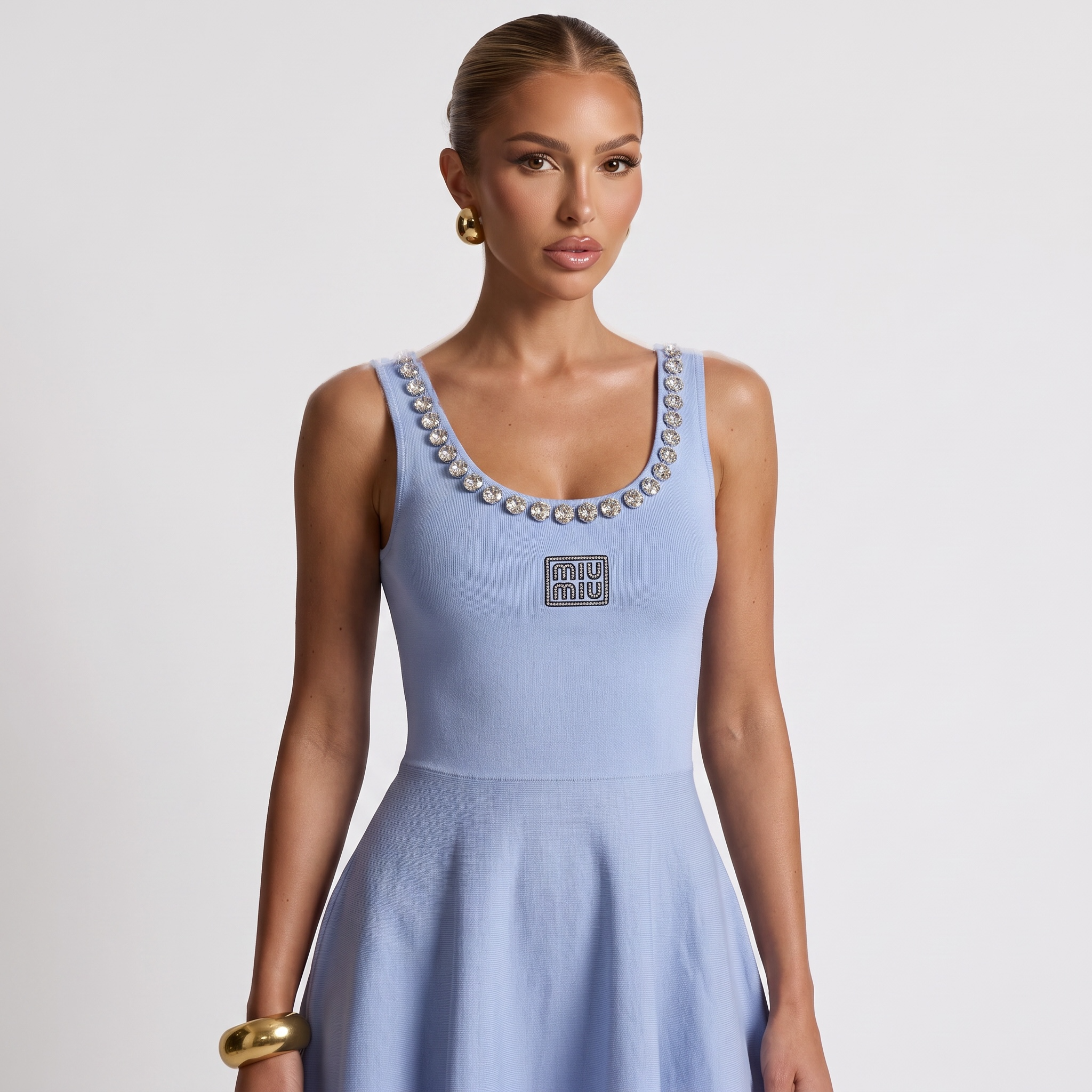 Miu Miu Crystal Embellished Baby Blue Mini Dress 💎✨ one size