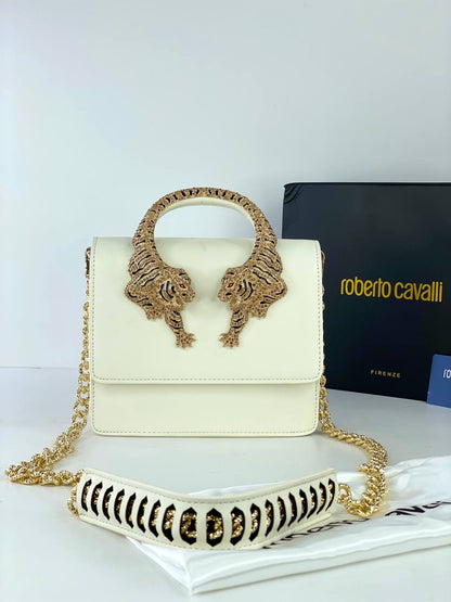 Roberto Cavalli Designer Handbag with Gold Tiger Handle