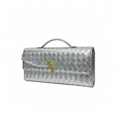 ✨ Bottega Veneta Silver Intrecciato Knot Clutch – Luxury Metallic Evening Handbag ✨