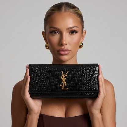 Saint Laurent Black Croc-Embossed YSL Clutch 🖤✨💛👛🔥