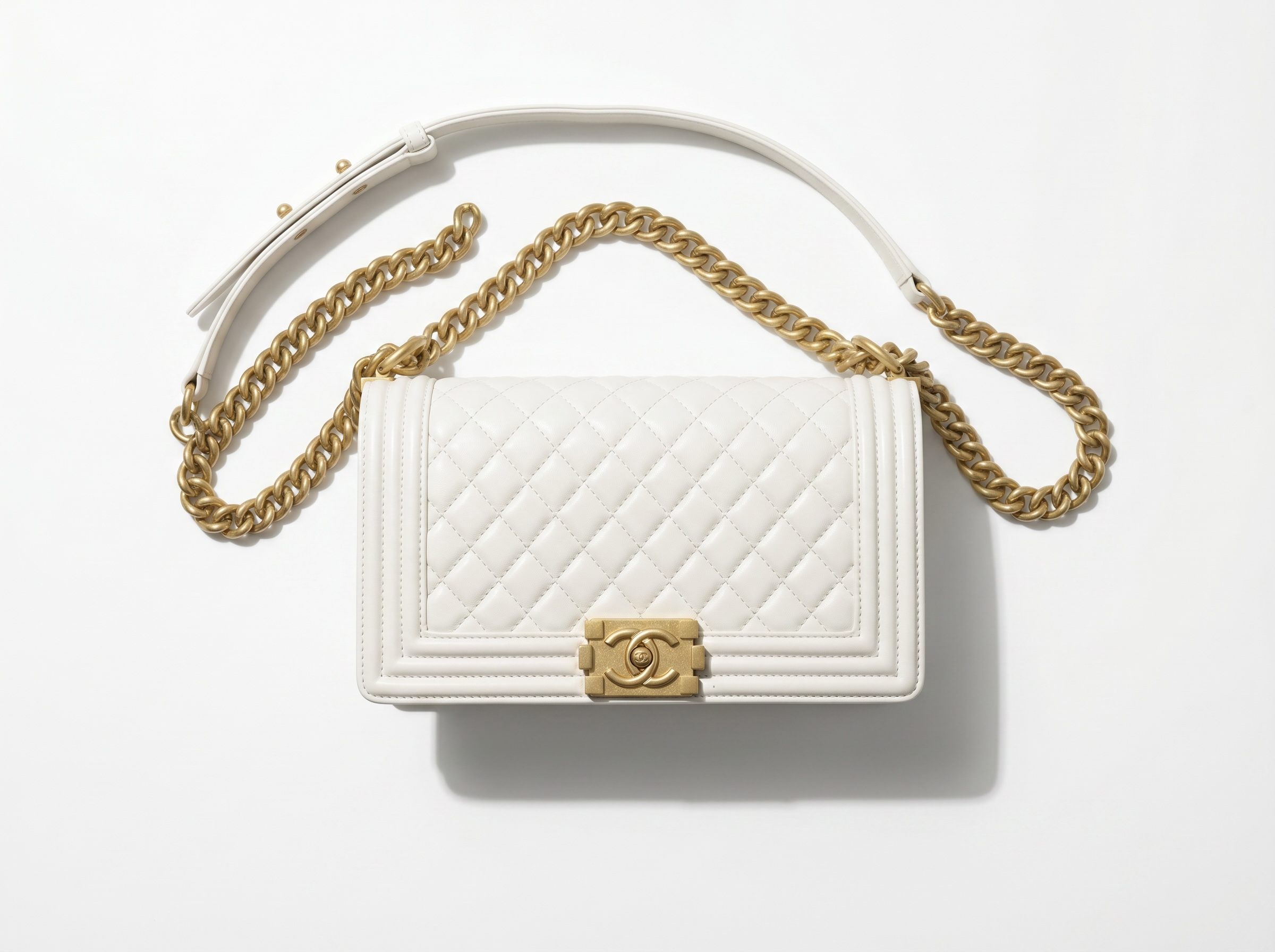 🤍 Chanel Boy Quilted Flap Shoulder Bag – White & Gold Edition