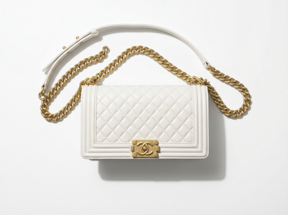 🤍 Chanel Boy Quilted Flap Shoulder Bag – White & Gold Edition