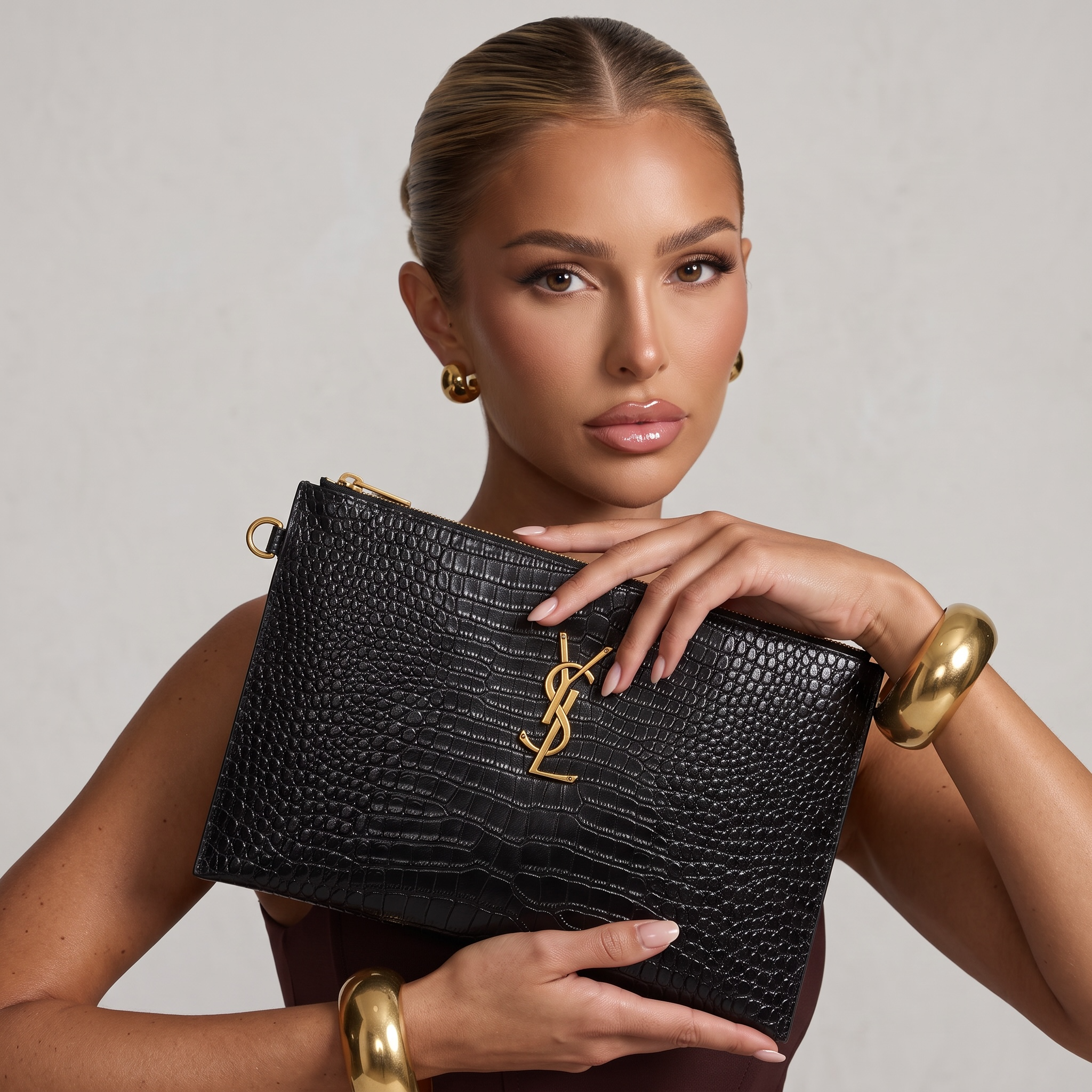 ✨ Saint Laurent Croc-Embossed Leather Clutch – Black
