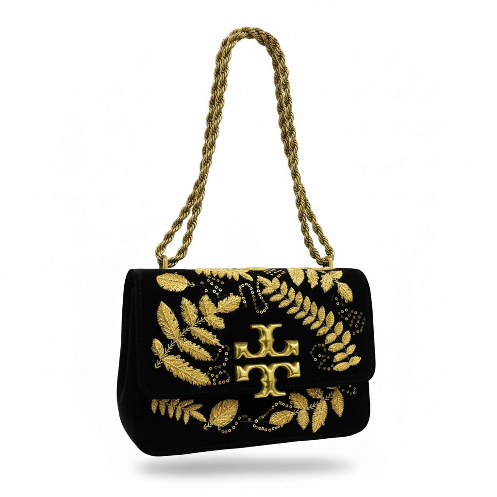 Tory Burch Embroidered Velvet Shoulder Bag – Black & Gold Luxe ✨🖤