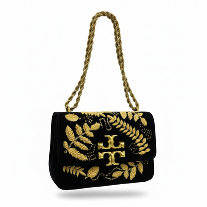 Tory Burch Embroidered Velvet Shoulder Bag – Black & Gold Luxe ✨🖤