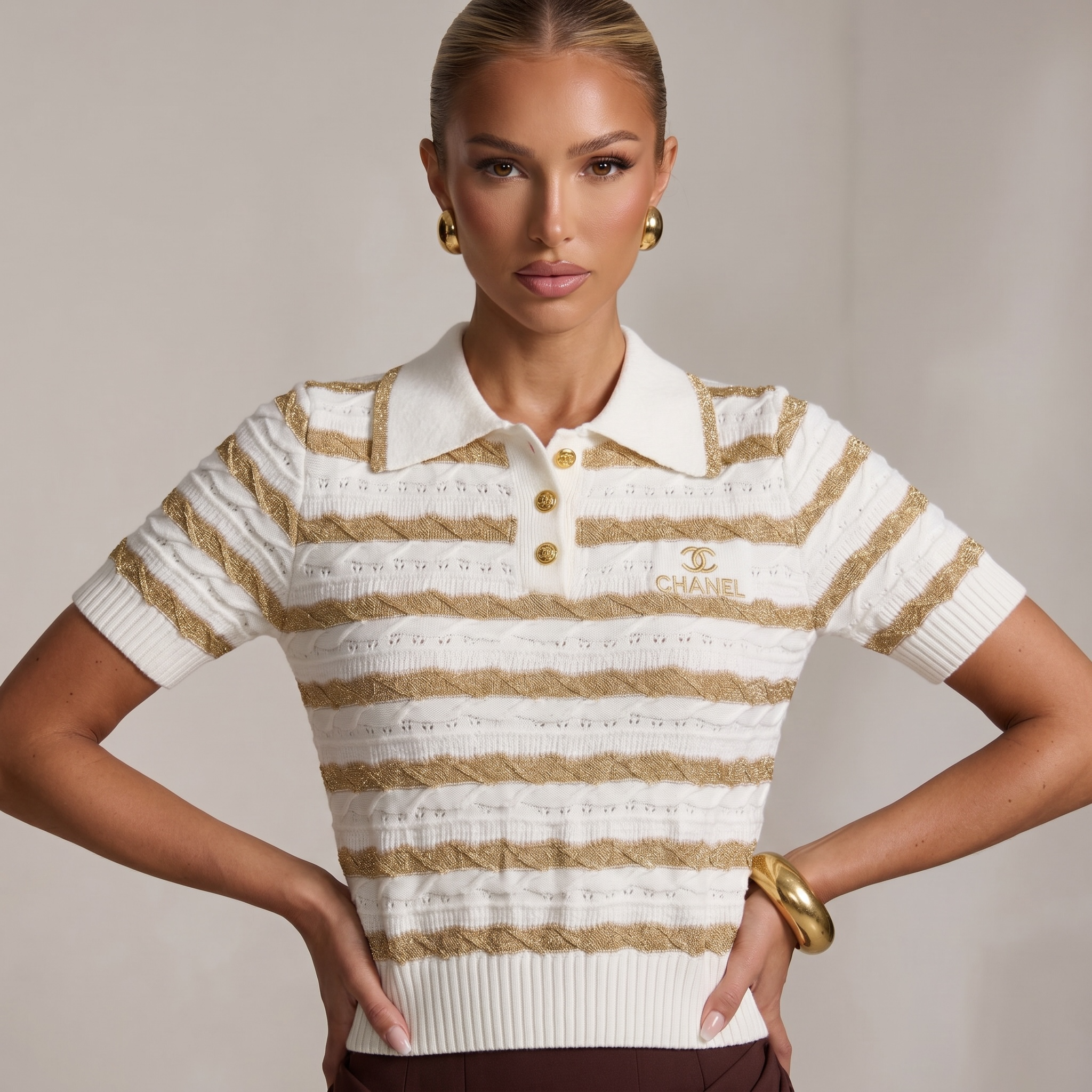 ✨ Chanel White & Gold Striped Knit Polo Top