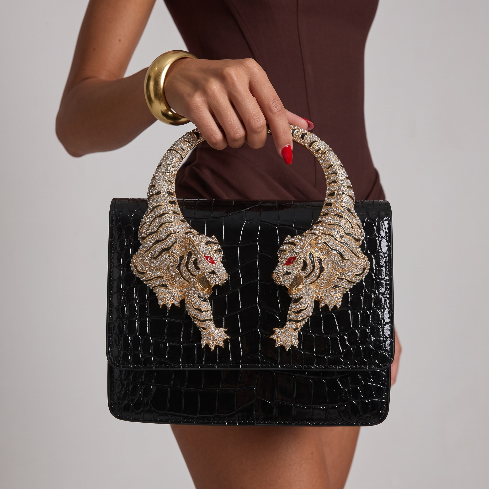 Roberto Cavalli Black Croc-Effect Bag with Crystal Tiger Handle 🐅🖤 | Fierce Italian Luxury & Power