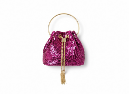 Luxury Fuchsia Beaded Bucket Bag 💖✨ | Gold Handle Statement Piece