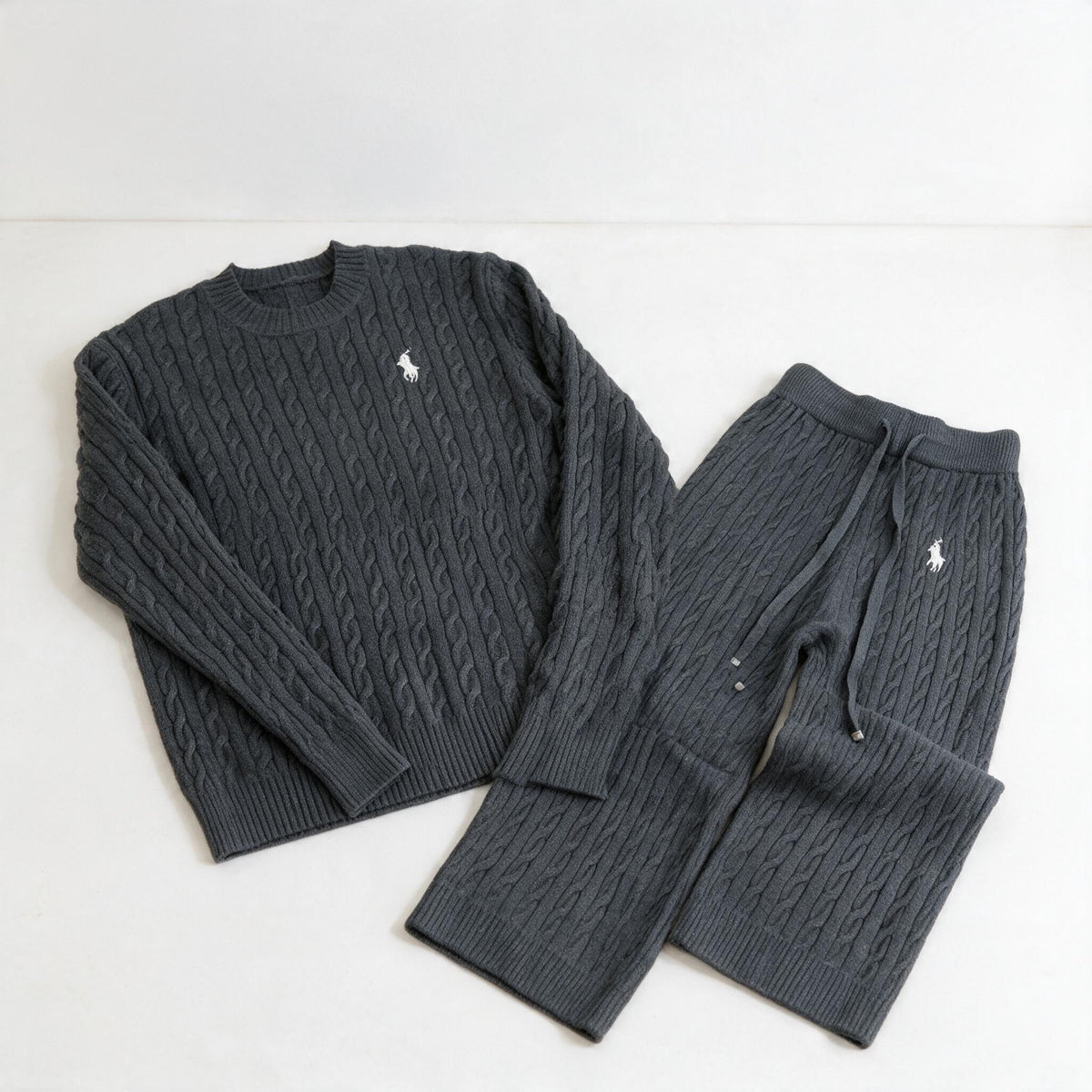 Charcoal cable knit sweater and matching drawstring pants set with Polo pony logo