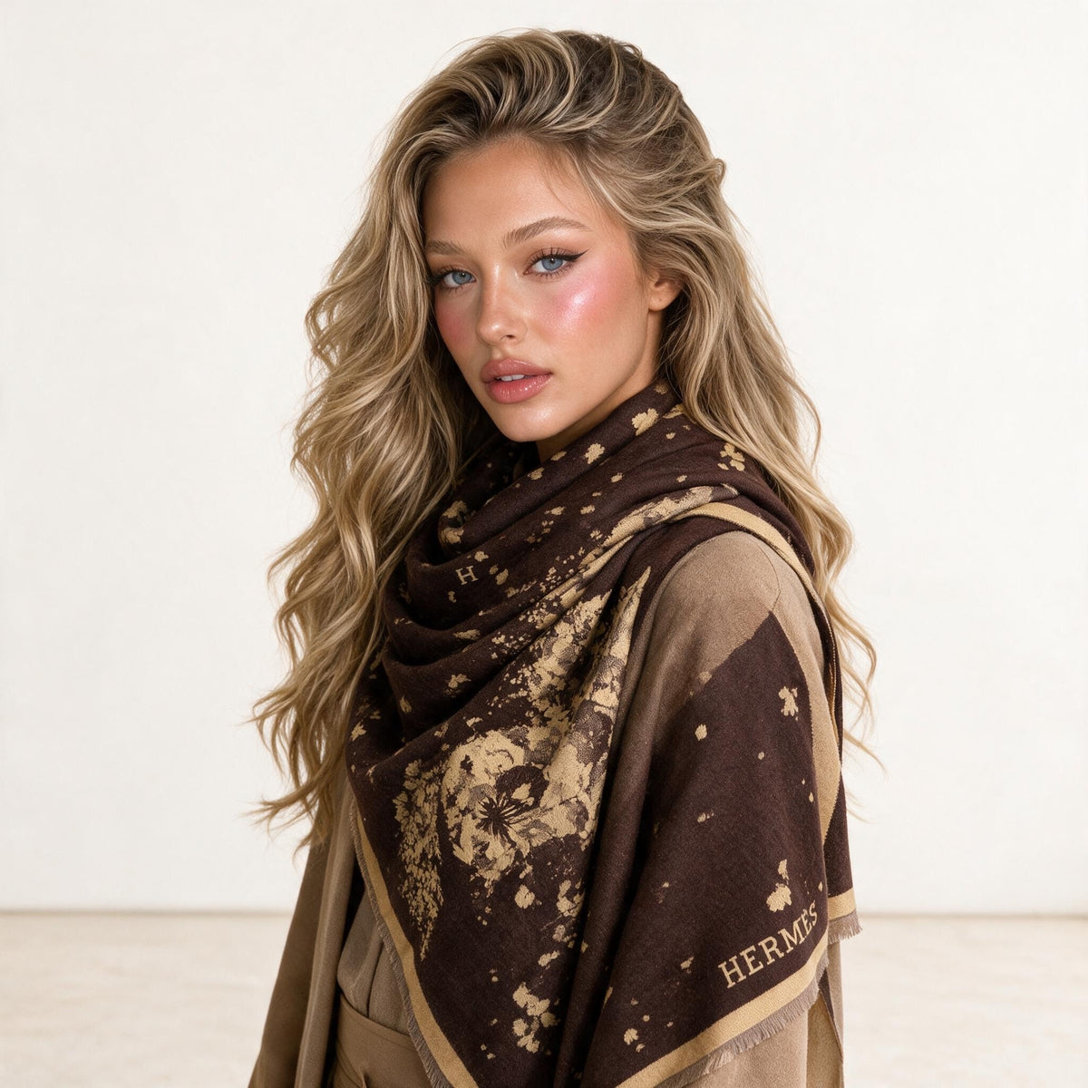 Hermès brown floral shawl with fringed edges folded and draped