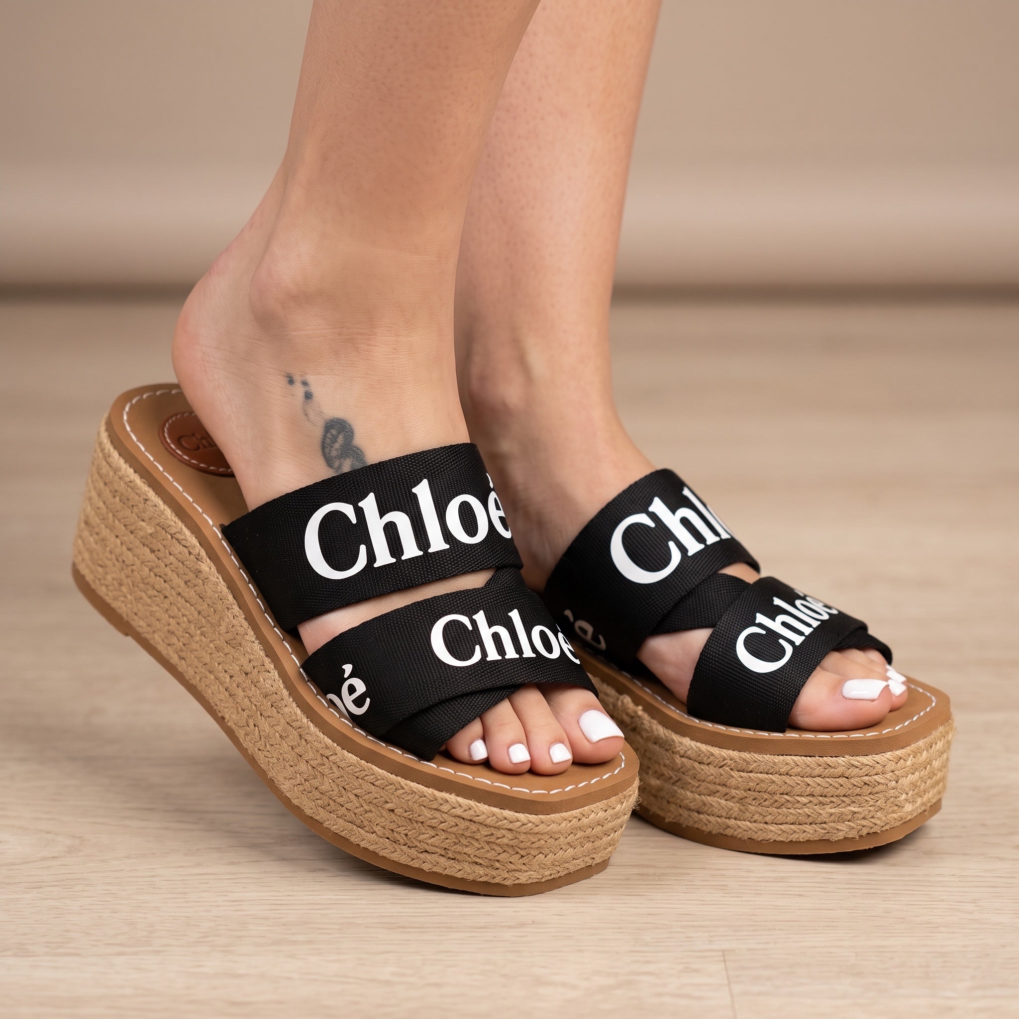 Black Chloé logo double-strap espadrille wedge sandals with braided platform