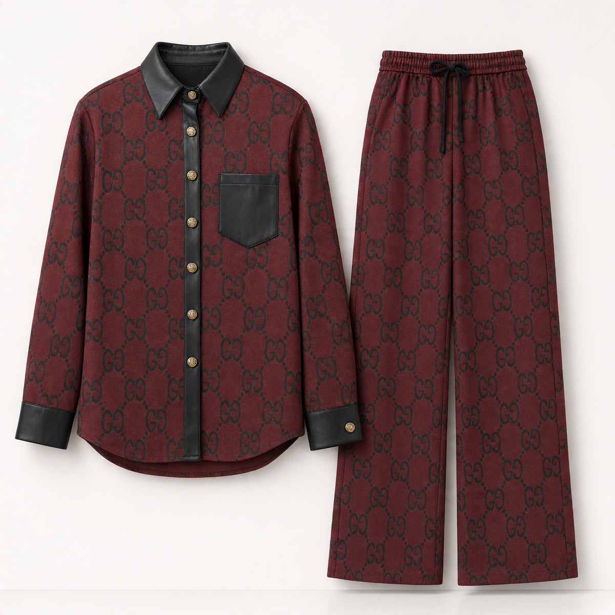 Gucci burgundy GG printed shirt with black trim and matching drawstring trousers set