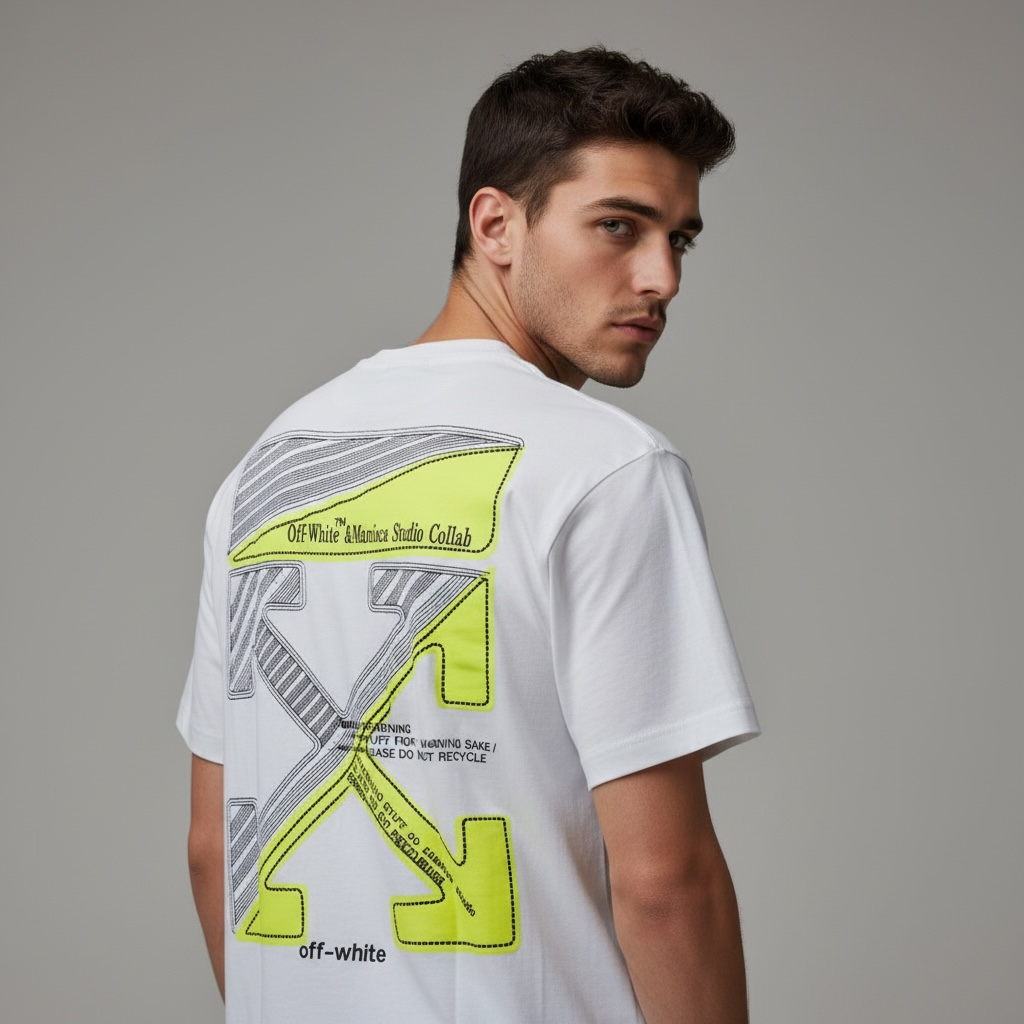 White Off-White crew-neck t-shirt with small chest logo and neon arrow graphic on back