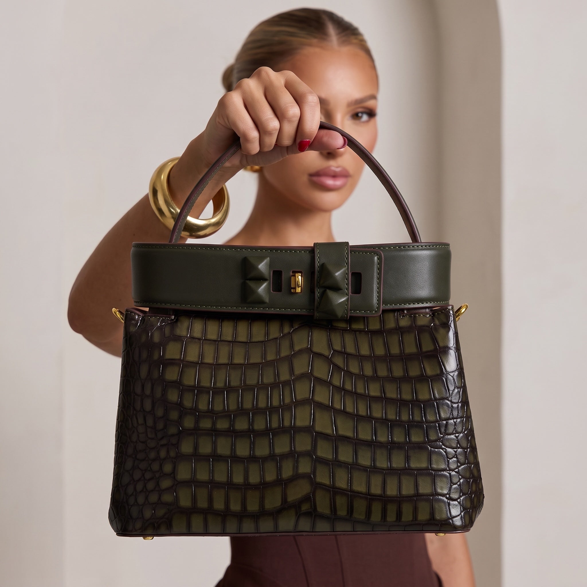 Olive croc-effect Valentino top-handle tote with pyramid studs and gold hardware