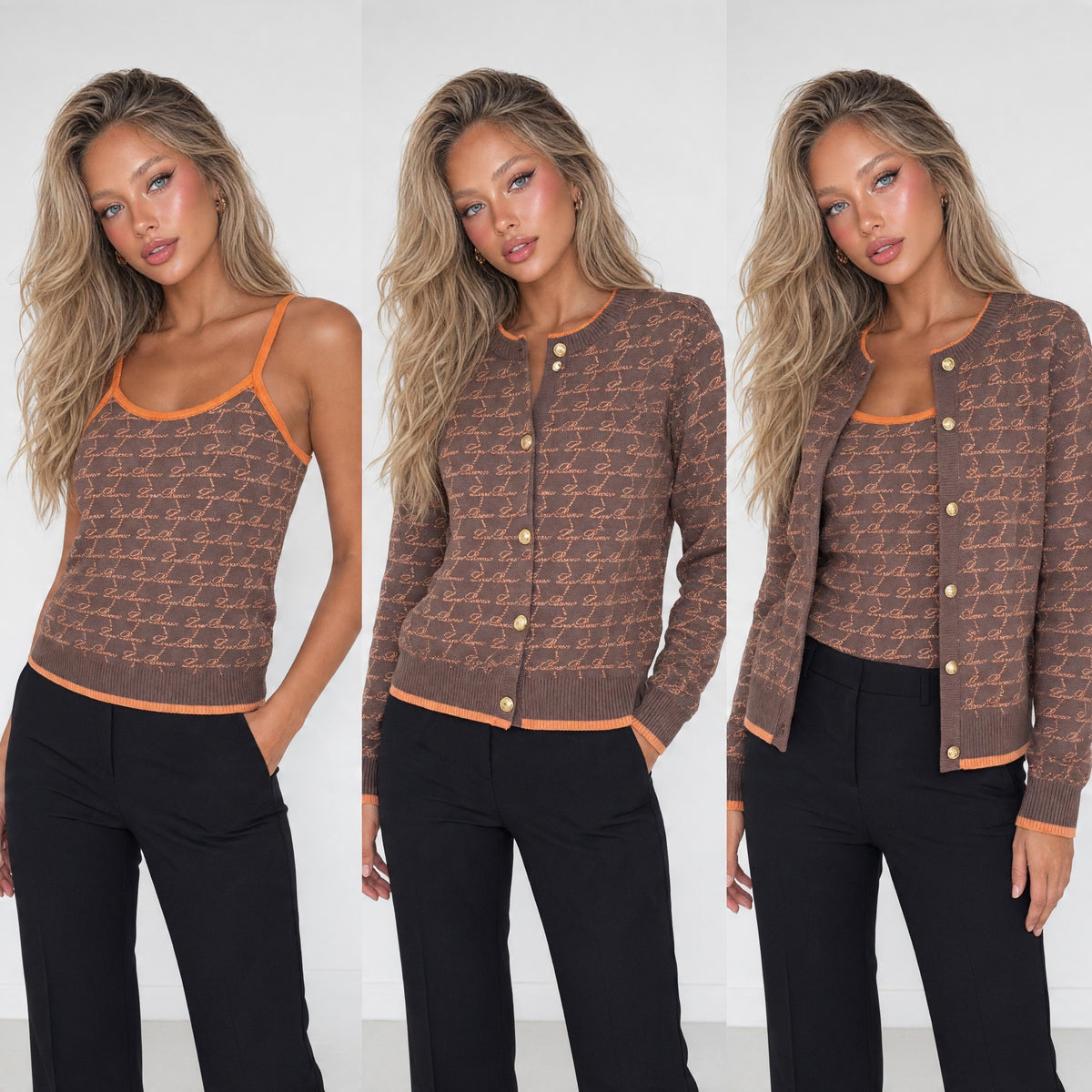 Brown knit tank top with orange trim and matching brown button cardigan with gold buttons and script pattern