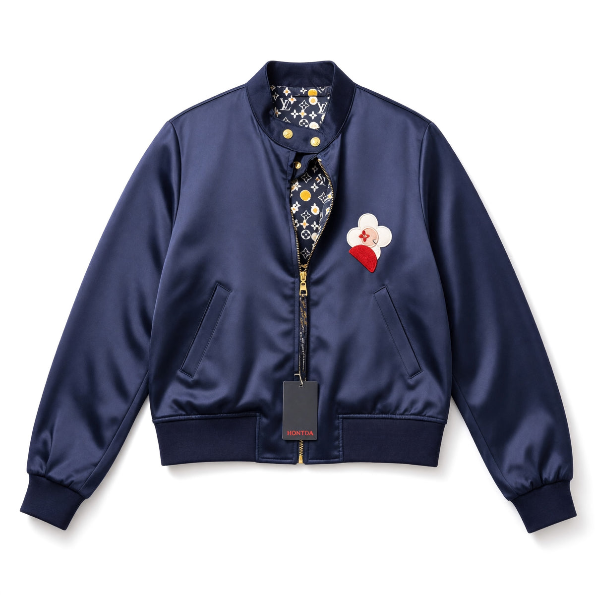 Louis Vuitton navy bomber jacket with floral monogram print and flower patch