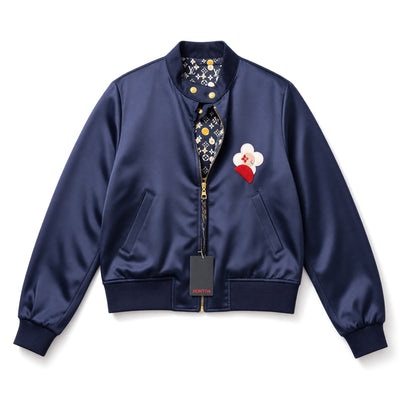 Louis Vuitton navy bomber jacket with floral monogram print and flower patch