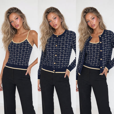 Navy knit tank and matching cardigan with repeating script pattern and gold trim