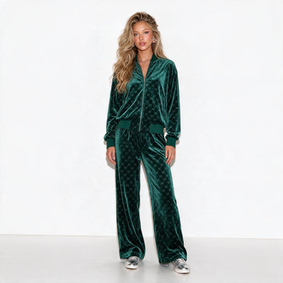 emerald green velour Gucci-style track jacket and matching pants with GG pattern