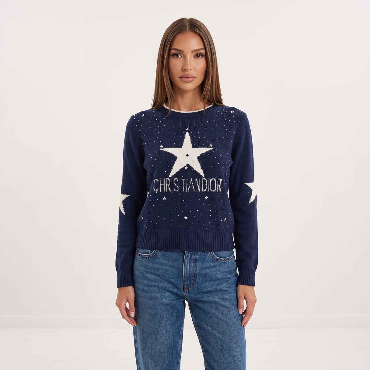 Navy Christian Dior crewneck sweater with white star motif and logo