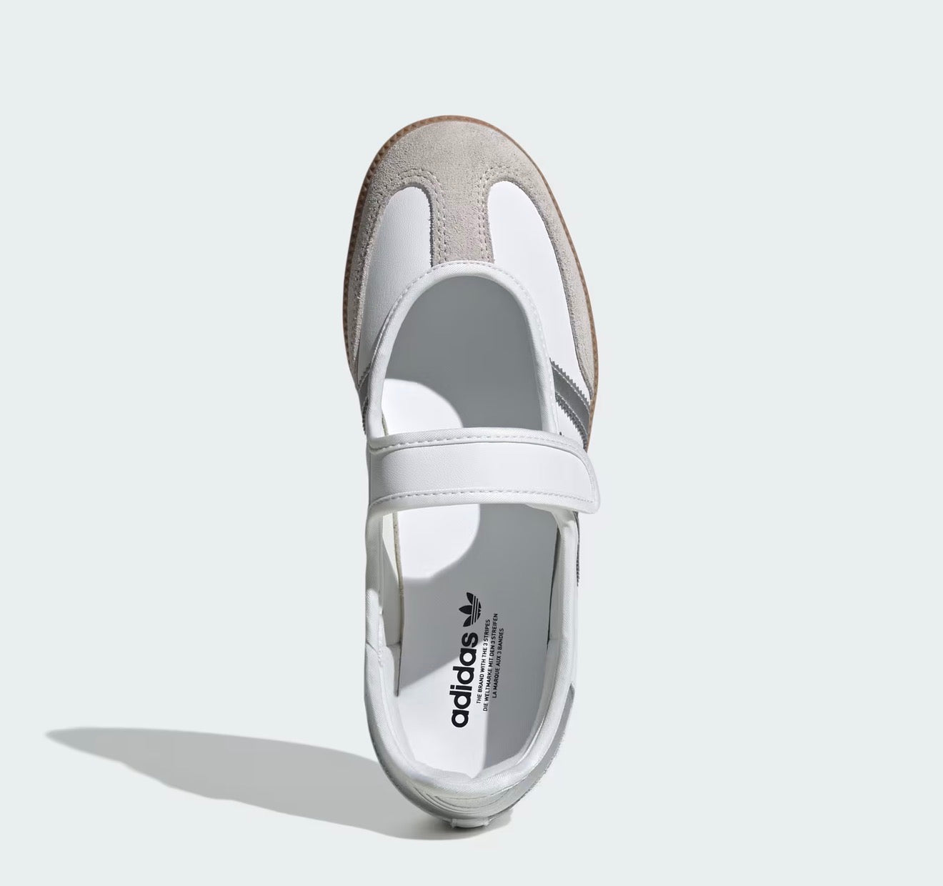 white adidas Samba Mary Jane sneaker with gum sole and velcro strap