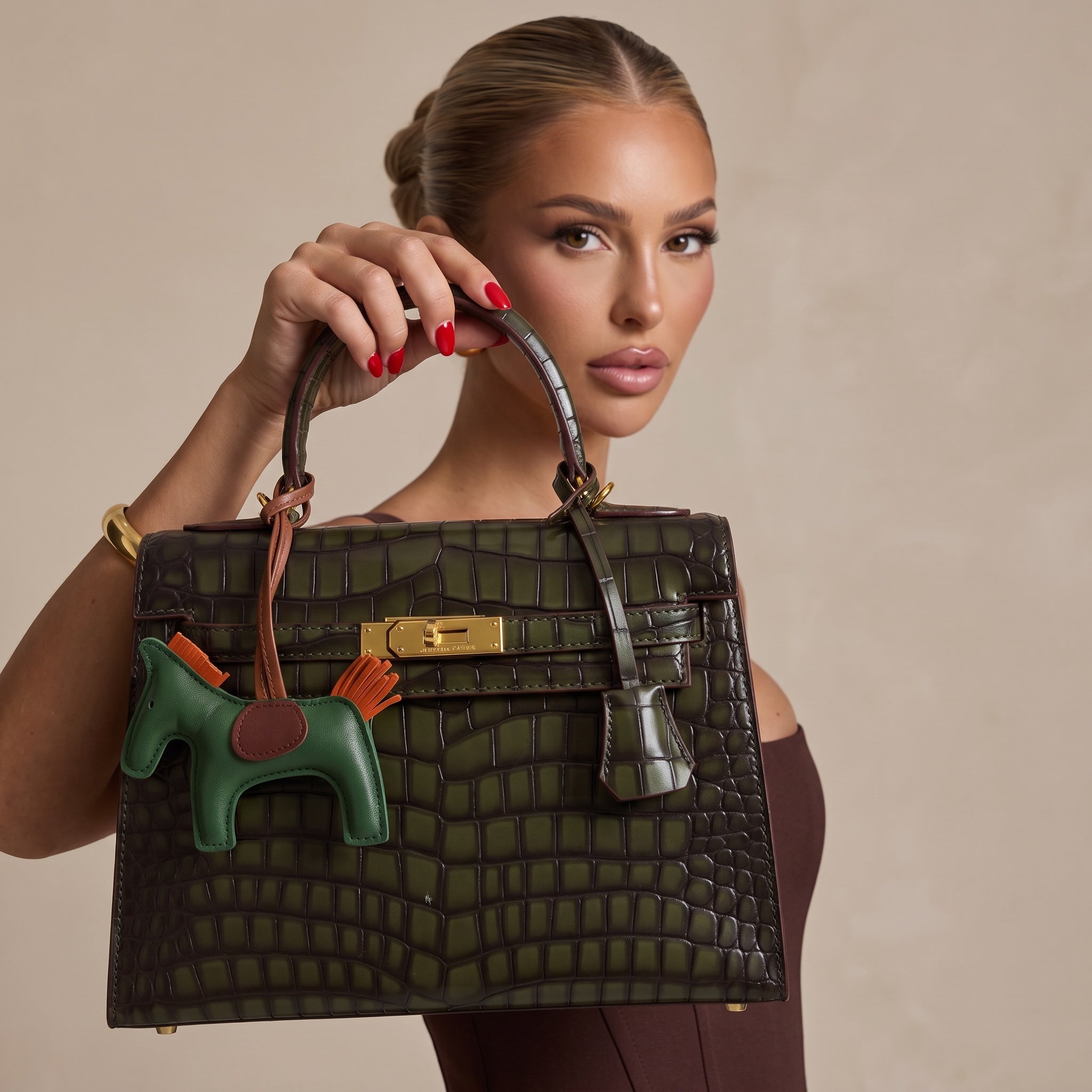 Hermès olive croc-embossed Kelly top-handle bag with gold lock and green charm