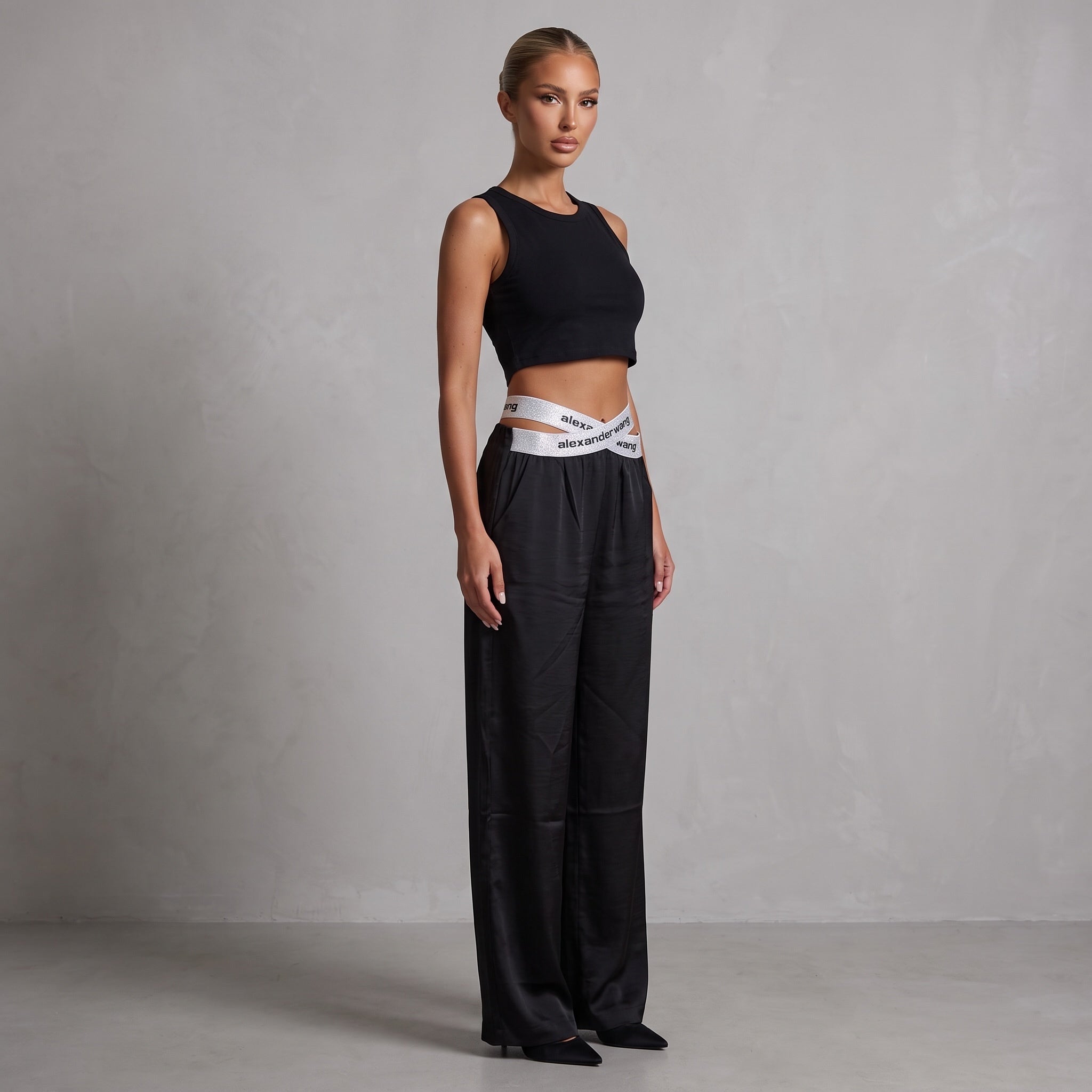 Silver Alexander Wang crossover elastic waistband with black logo