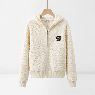 Loewe cream textured hooded zip jacket with embroidered logo