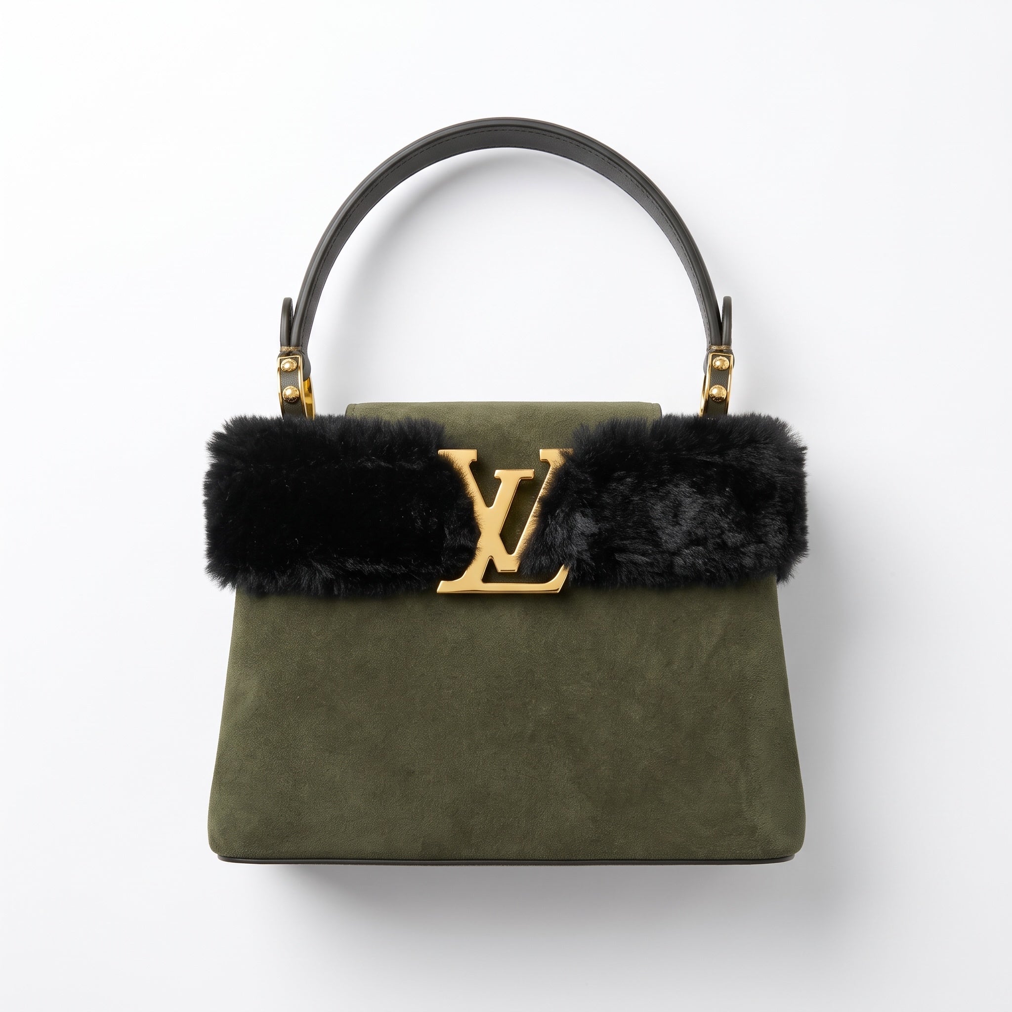 Olive suede Louis Vuitton top-handle bag with black fur trim and gold LV plaque