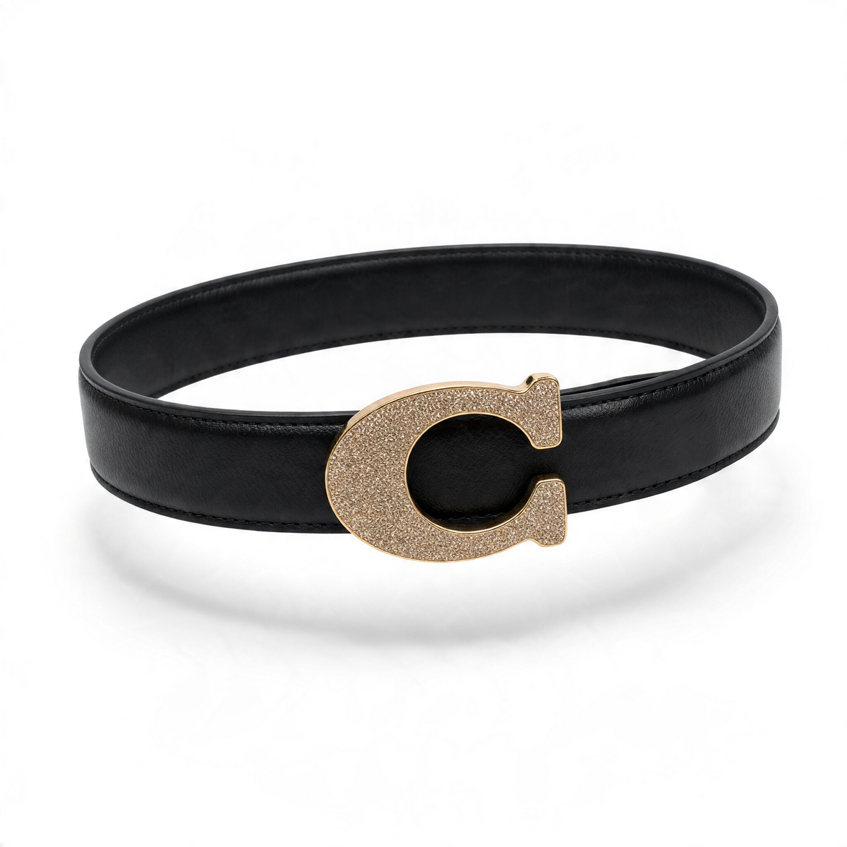 Black textured belt with gold C-shaped buckle with glitter detail