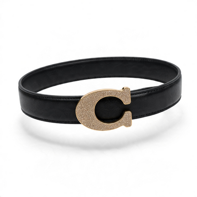 Black textured belt with gold C-shaped buckle with glitter detail