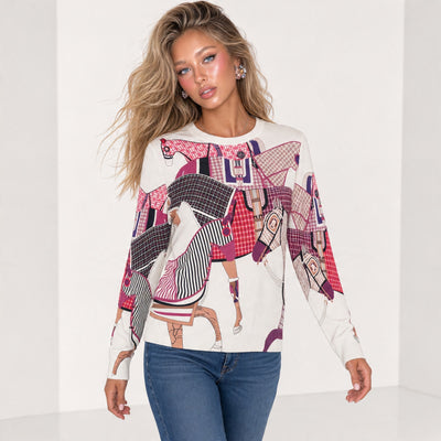 Hermès cream crewneck sweater with pink and purple equestrian print