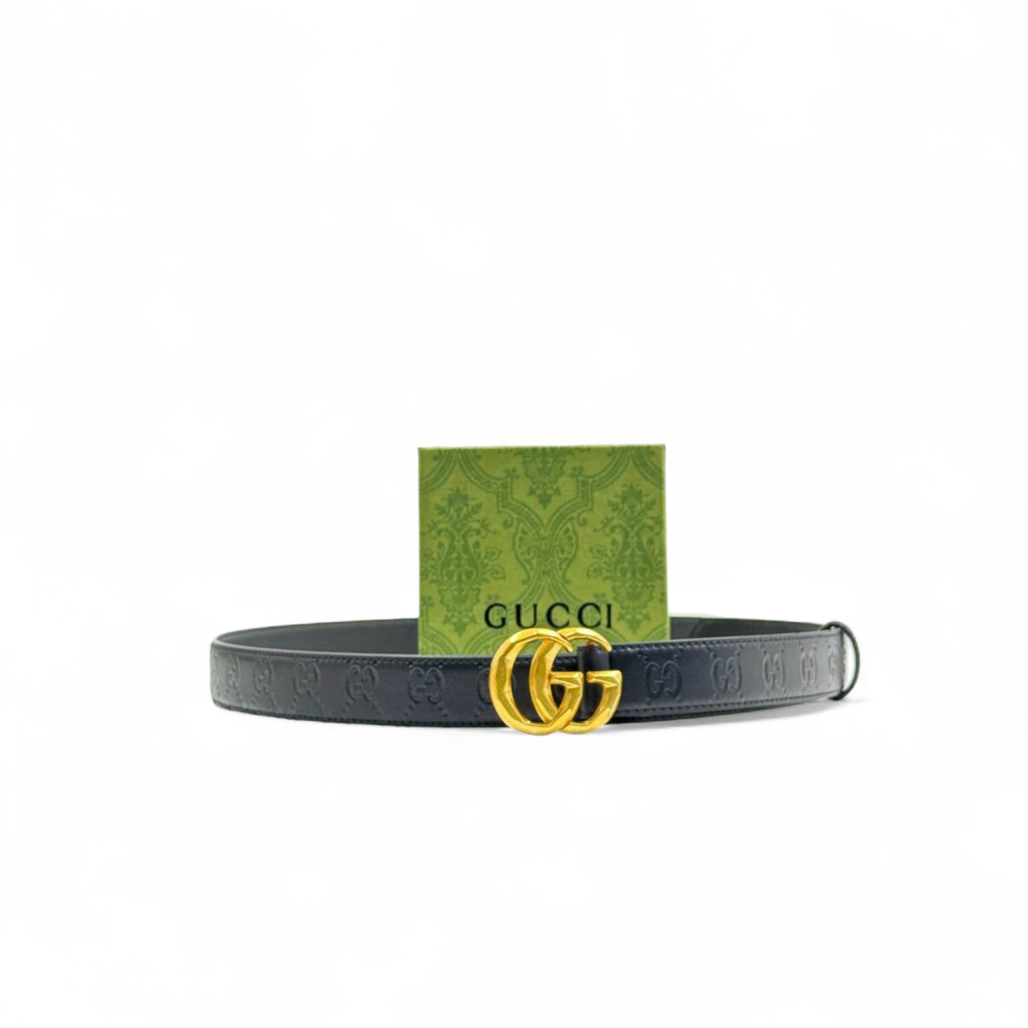 Gucci Black Leather Belt 🖤 | 125cm | Embossed GG & Gold Double G Buckle with Box