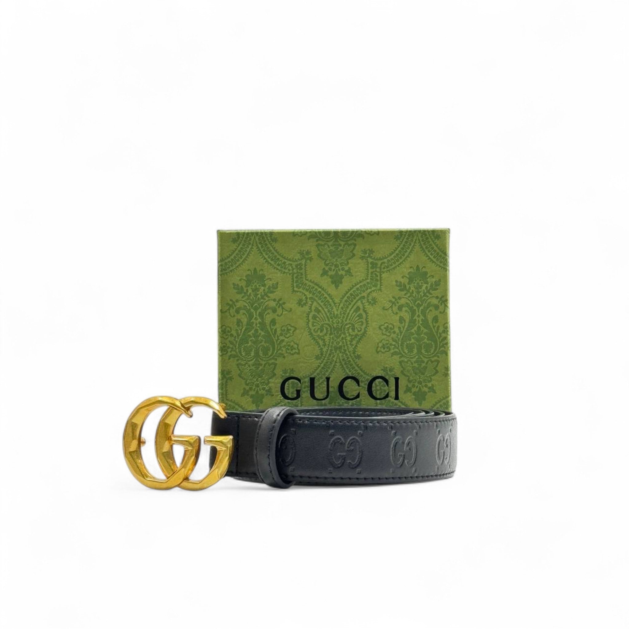 Gucci Black Leather Belt 🖤 | 125cm | Embossed GG & Gold Double G Buckle with Box