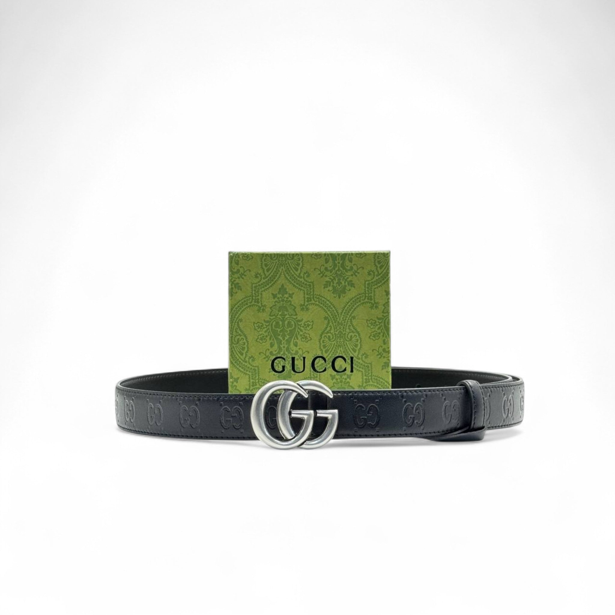 Gucci Black Leather Belt 🖤 | 125cm | Embossed GG & Silver Double G Buckle + Box
