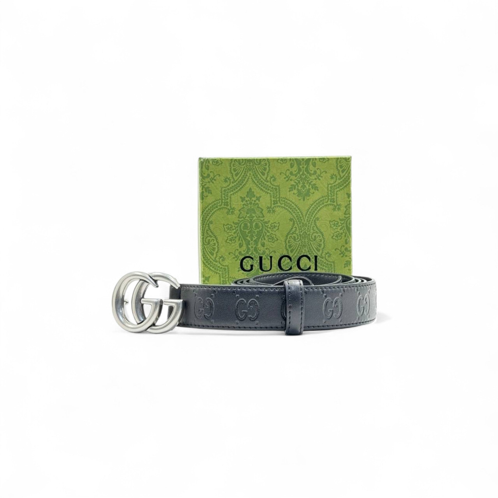 Gucci Black Leather Belt 🖤 | 125cm | Embossed GG & Silver Double G Buckle + Box