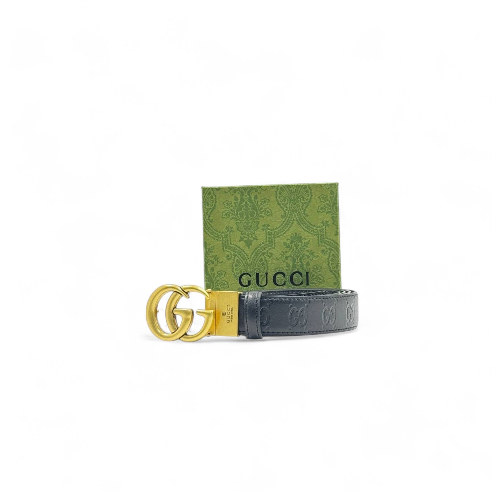 Gucci Black Leather Belt 🖤💛 | 125cm | Embossed GG & Gold Double G Buckle + Box